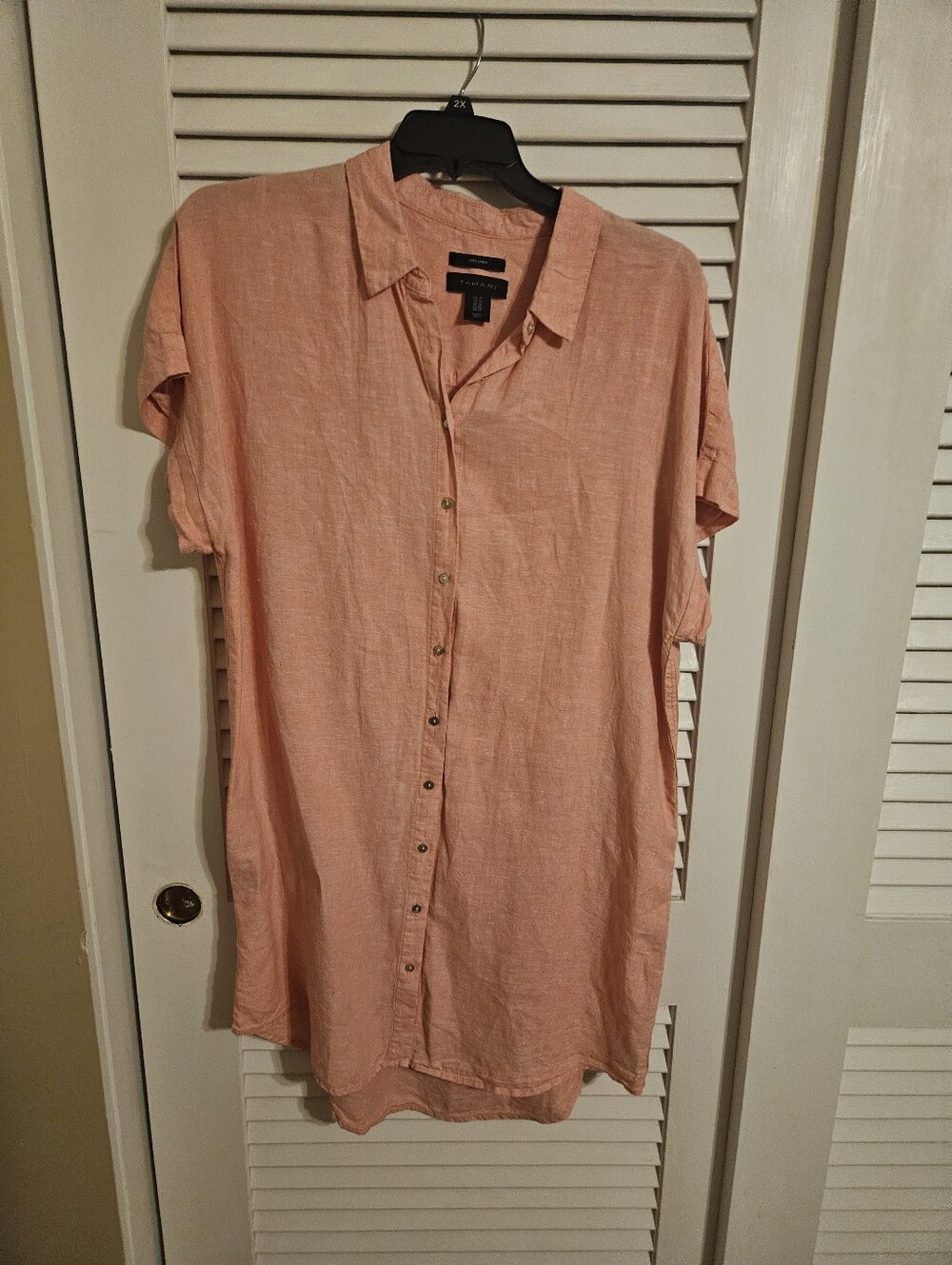 Tahari 1x Peach-Colored Short-Sleeve Linen Shirt Dress